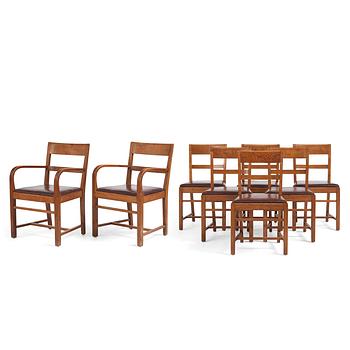 Oscar Nilsson, attributed to, a set of eight chairs (6+2), likely executed at Isidor Hörlin AB, Stockholm in the 1930s-40s.