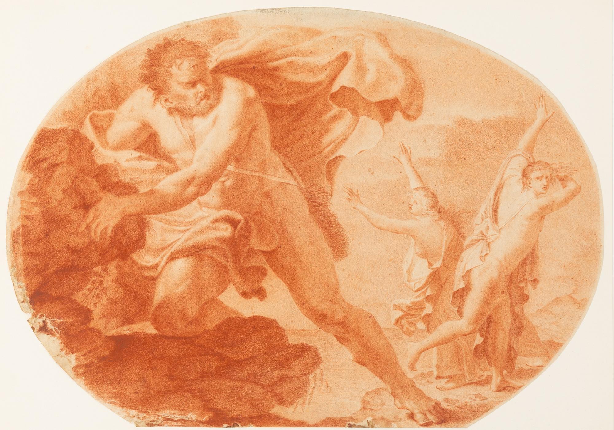 Italiensk skola, 16/1700-tal, Polyphemus som lyfter en sten mot Acis och Galatea.