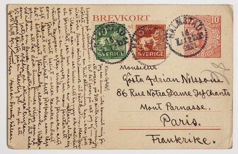 ERIK OLSON, illustrated postcard/Christmas card addressed to GAN (Gösta Adrian-Nilsson) in Paris, postmarked 16/12 1921.