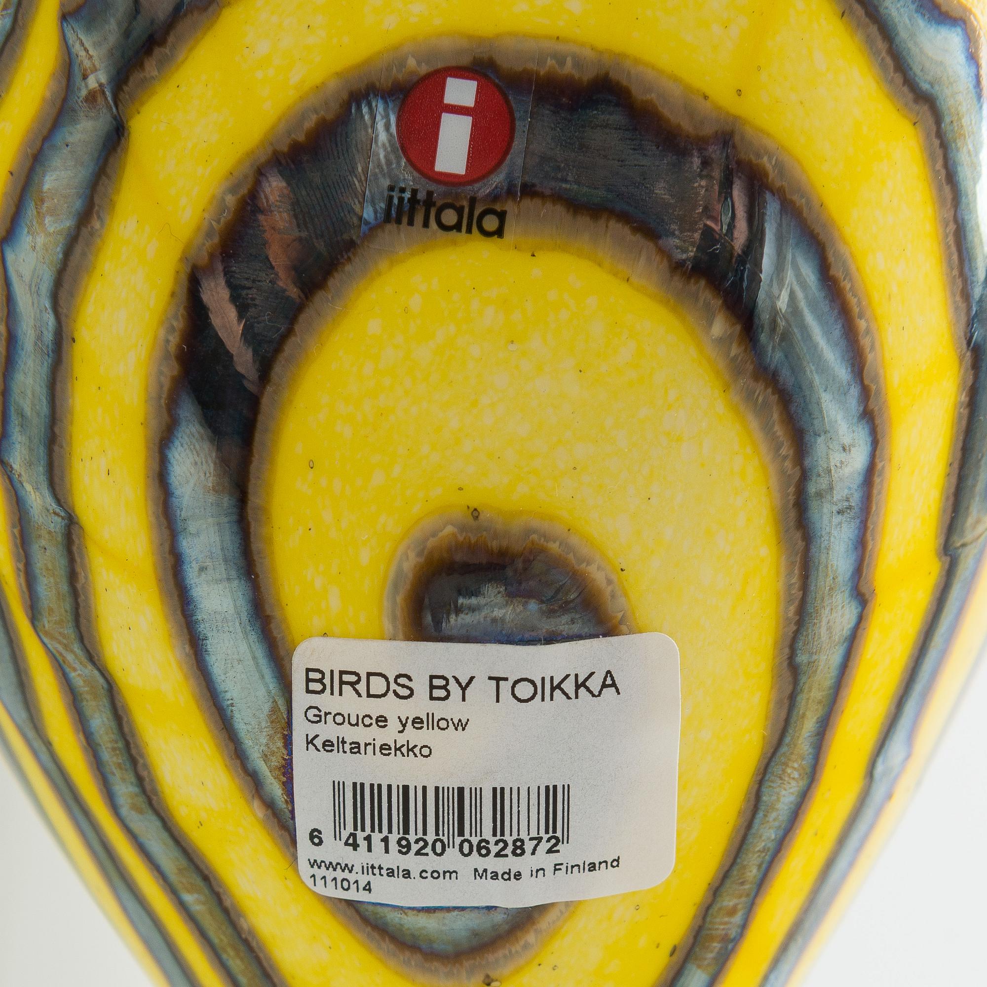 Oiva Toikka, glasfågel, "Grouce Yellow", signerad O. Toikka Nuutajärvi.