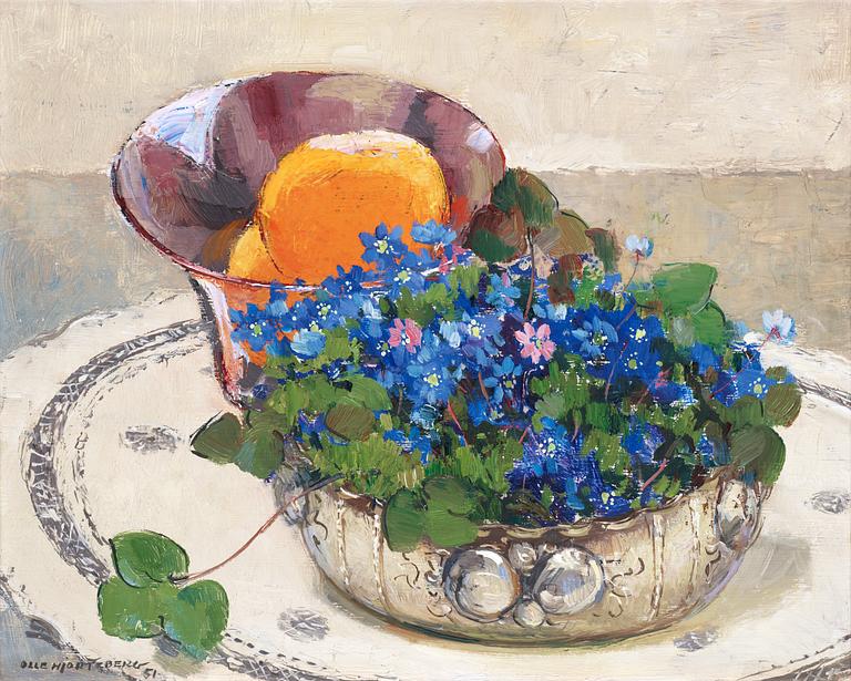 Olle Hjortzberg, Still life with hepatica and oranges.