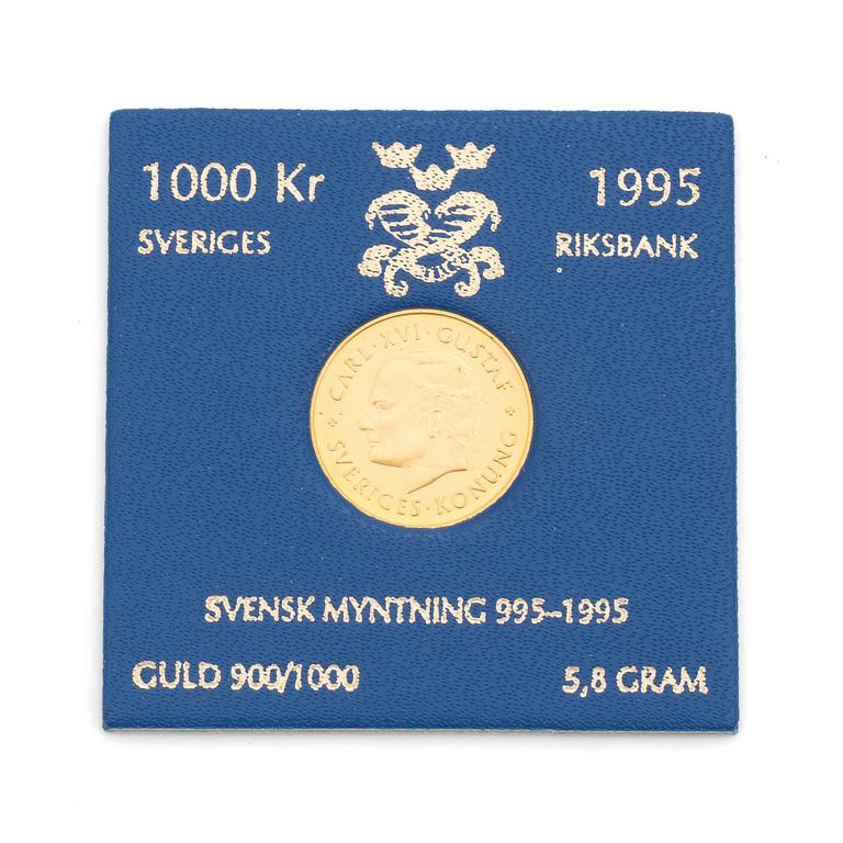 GULDMYNT, Carl XVI Gustaf, 1995, guld. Vikt ca 5,8 gram.