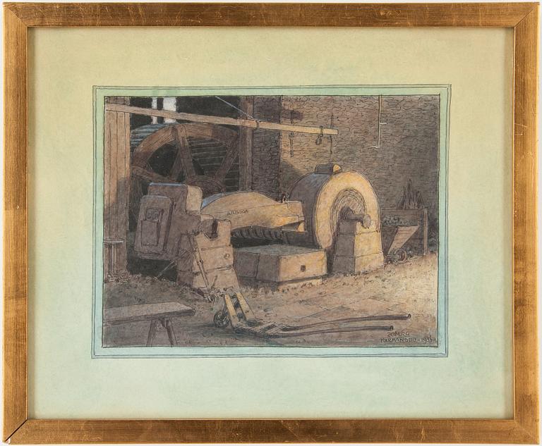 FERDINAND BOBERG, 2 st, bl a  "Karmansbo",daterad 1942 blyertsteckning/krita samt akvarell, signerade.