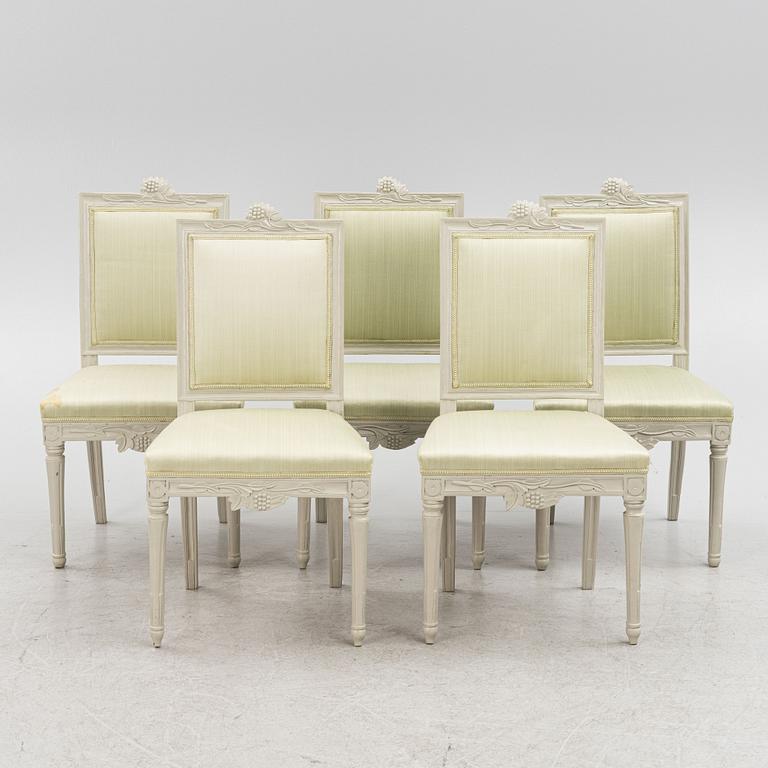 A set of five late-Gustavian chairs from Lindome, late 18th century.