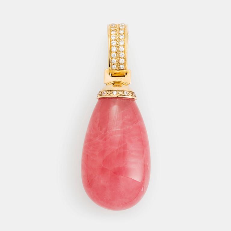 An 18K gold and rhodochrosite Acchinelli pendant set with round brilliant-cut diamonds.