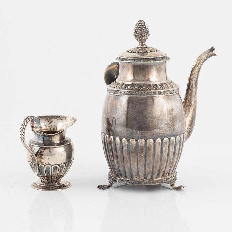 Coffee pot, silver, Anders Lundqvist, Stockholm, Sweden, 1817, and cream jug, silver, Sweden, 1834.