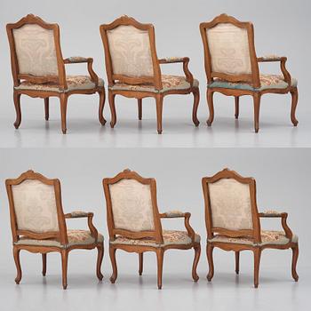 A set of six Louis XV armchairs, mid 18th century.