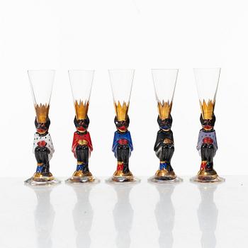 Gunnar Cyrén, five shot glasses, so-called devil glasses, from the Nobel service, Orrefors.