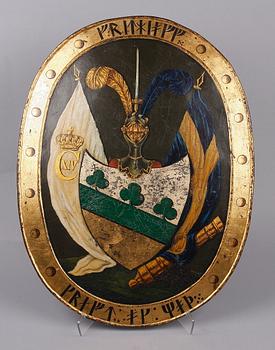 VAPENSKÖLD, bemålad plåt, Sverige, 1800-talets mitt.