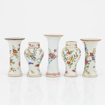 A group of five famille rose vases, Qing dynasty, 19th century.
