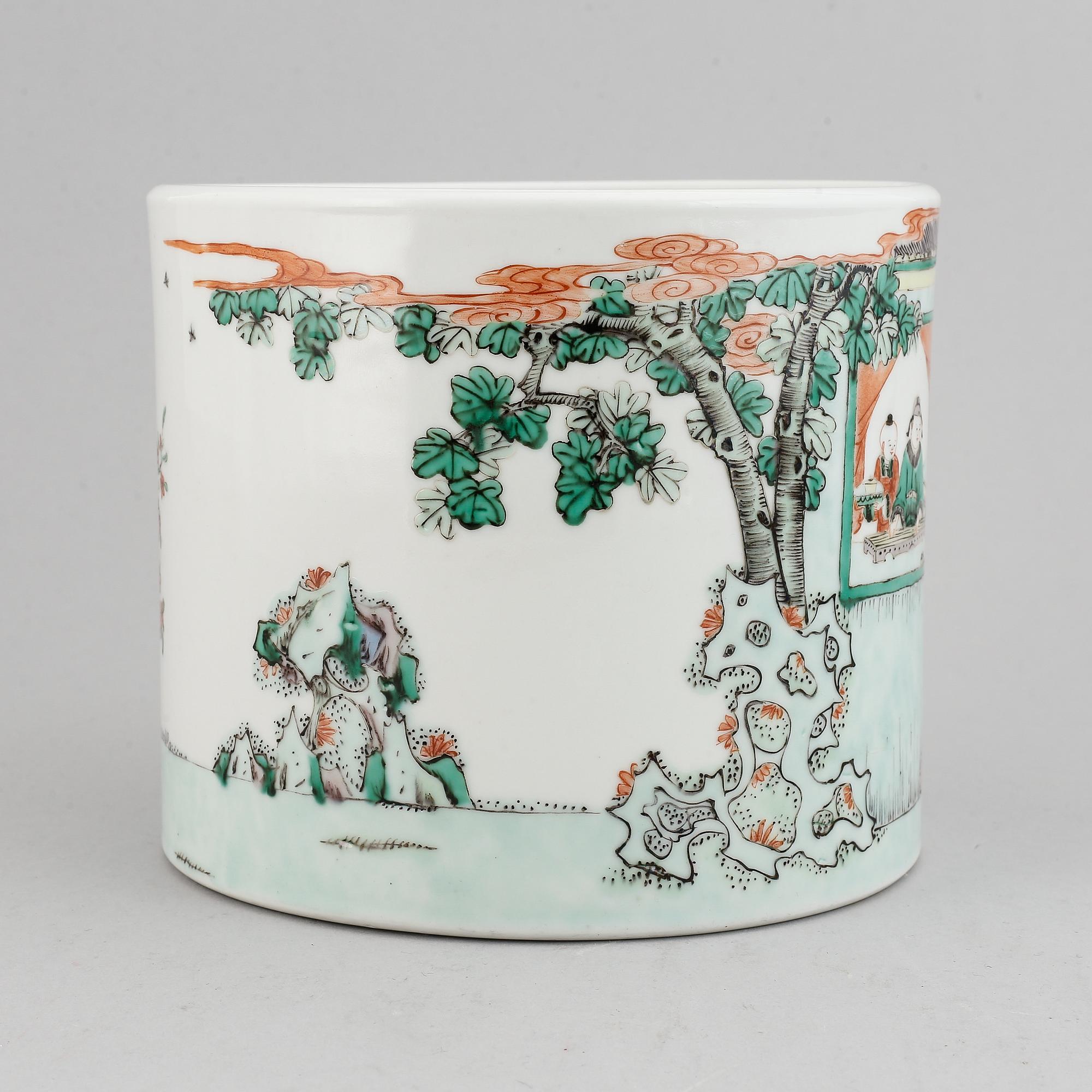 A Chinese famille verte porcelain brush pot, Kangxi style, 20th century.