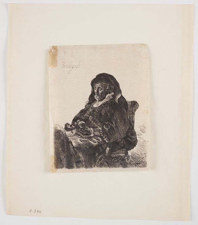 Rembrandt Harmensz van Rijn, after, "Rembrandt's Mother in Widow's Dress, Black Gloves", probably 18th century.