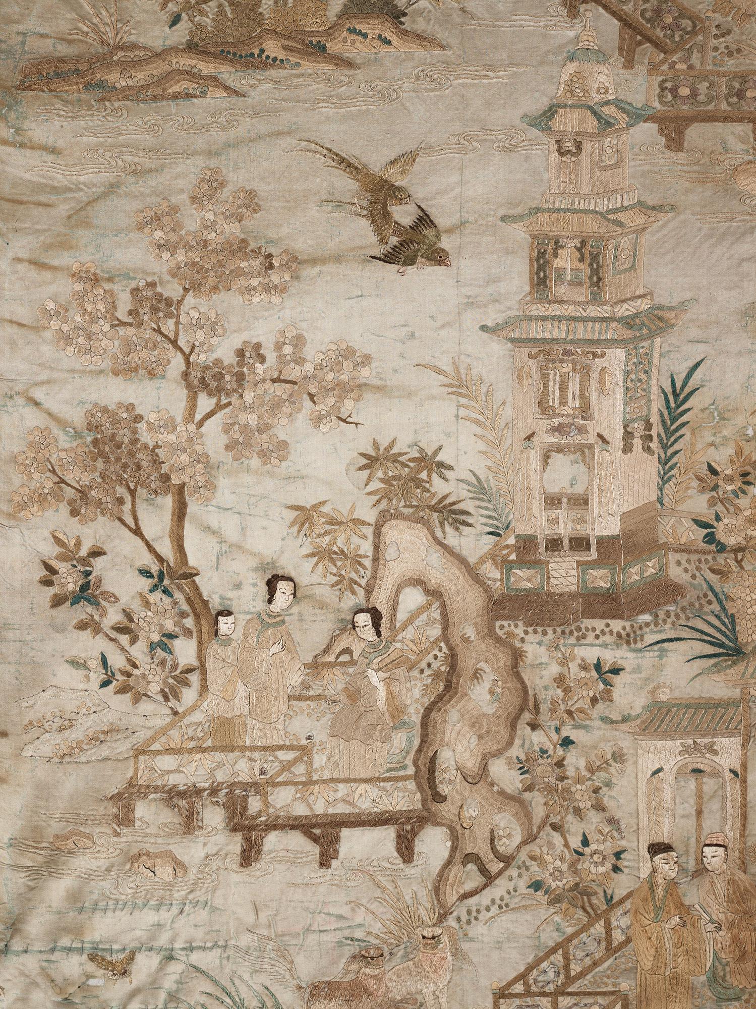 A large embroidered silk panel, Qing dynasty, circa 1800.
