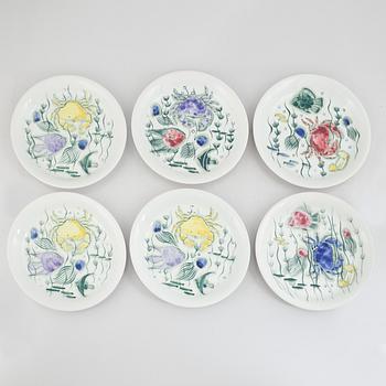 Anja Juurikkala, six 'Crayfish' plates, Arabia, Finland, 1953-1960.