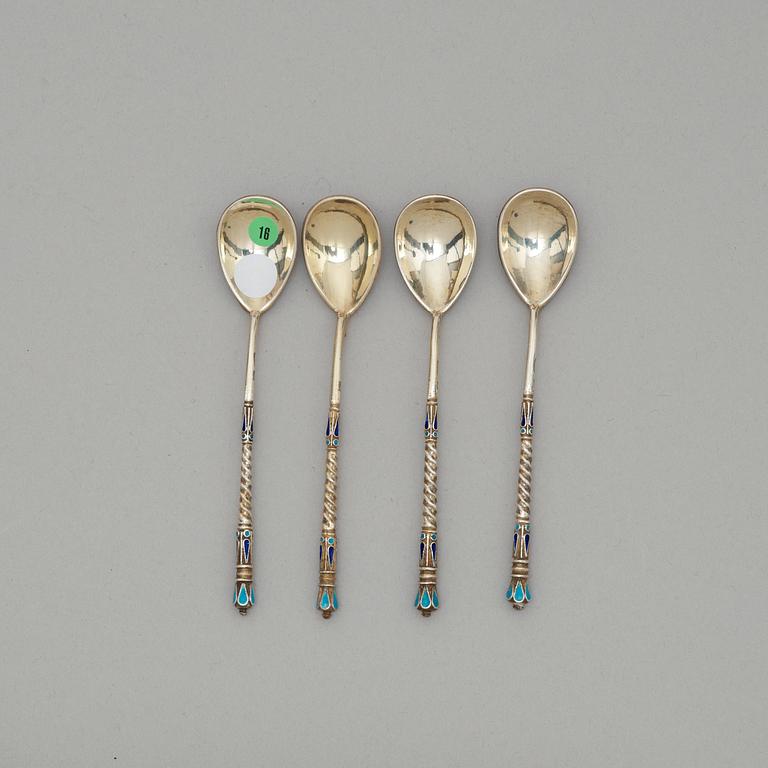 A set of four Russian silver-gilt and enamel coffee-spoons, unidentified makers mark, Moscow 1899-1908.