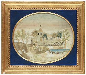 443. EMBROIDED PICTURE. Oval. Probably Swedish, around 1800. 21 x 25,5 cm.