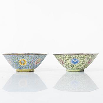 A set of six Chinese enamel on copper bowls and a dish, Qing dynasty and 20th century.