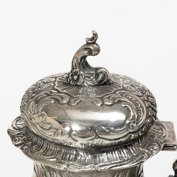 A three-piece rococo-style silver coffee service, GEWE, Malmö, 1955.