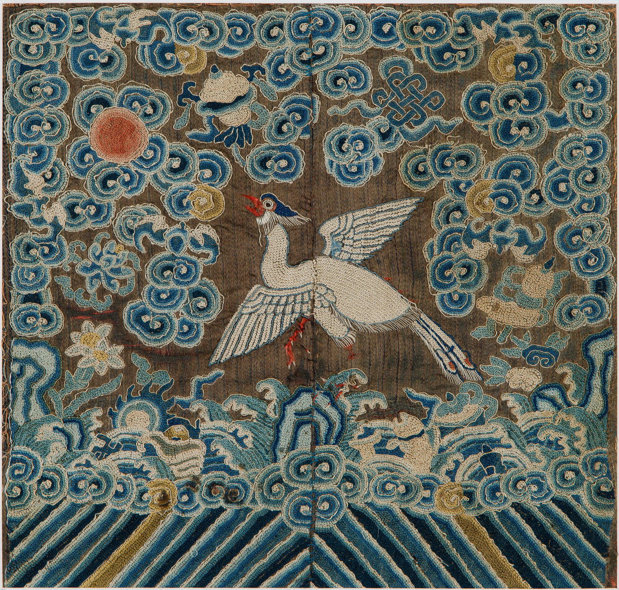 An embroidered rank badge/buzi, Peking knot technique. Late Qing dynasty.