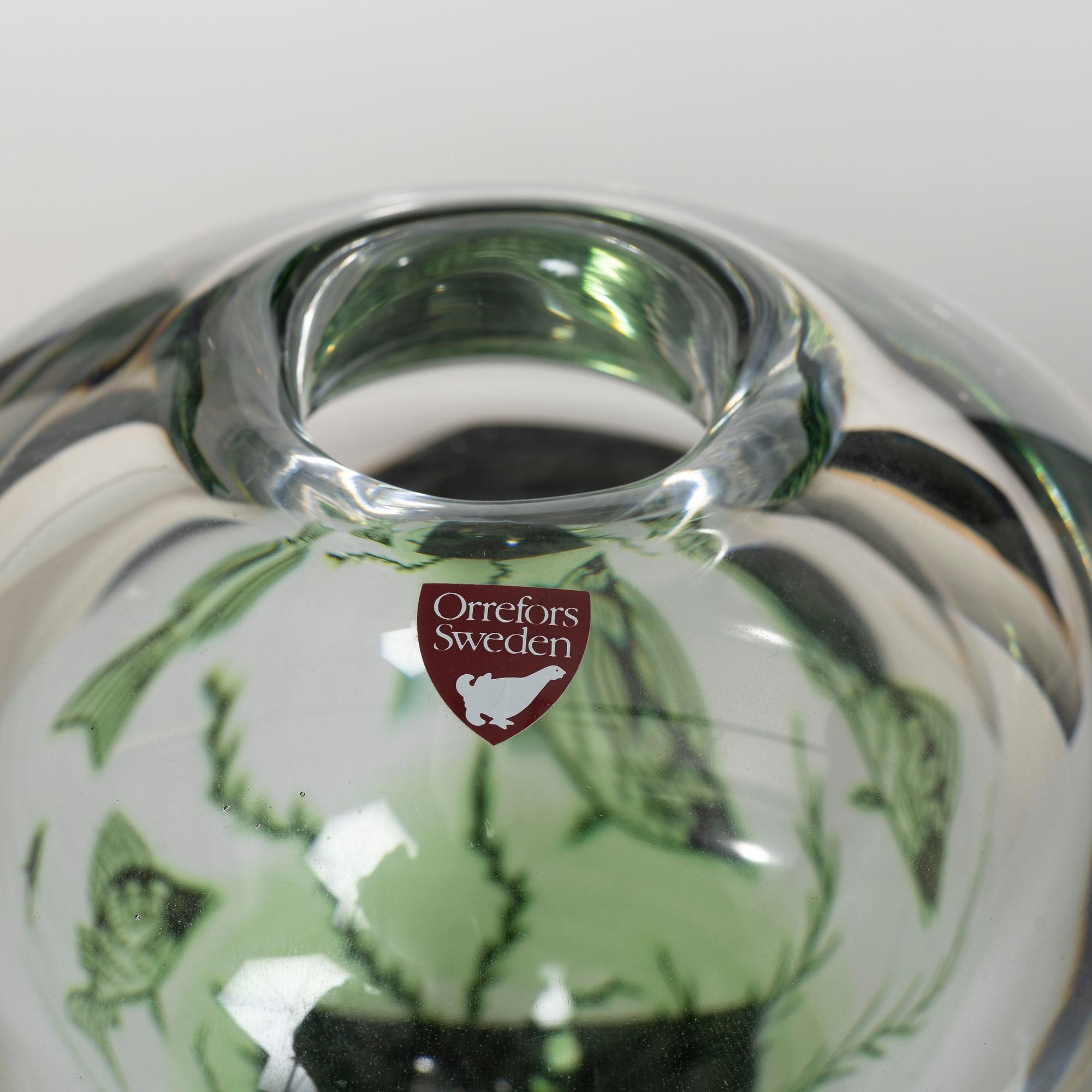 Edward Hald, vase, "Fish Grail", Orrefors, signed 1984.