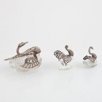 Salt cellar/table accessory, silver and glass, three pieces, mid-20th century.