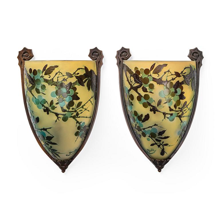 Emile Gallé, vägglampor, ett par, Nancy, Frankrike, Art Nouveau, 1900-talets början.