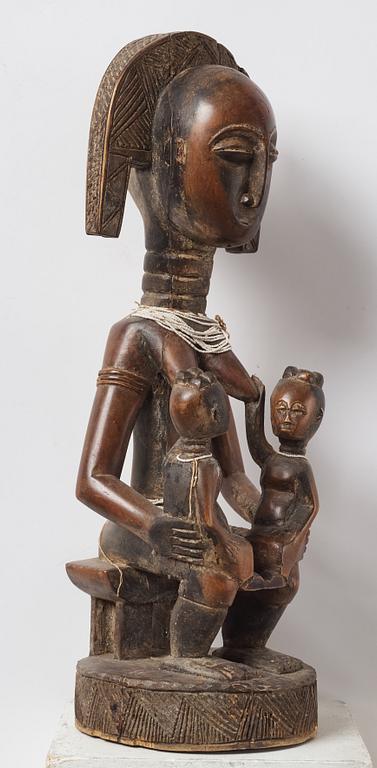 A sculptue and two masks reportedly from The Ivory coast, from the second half of the 20:th century.