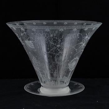 Edward Hald, an engraved glass "Fyrverkeriskål" with plate (fireworks bowl), Orrefors Sweden 1968,.