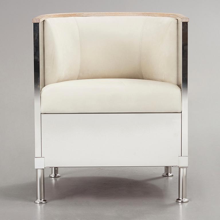 Mats Theselius, an 'Inox' polished steel, white soaped oak and white leather, nubuck armchair, Källemo, Sweden post 2015.