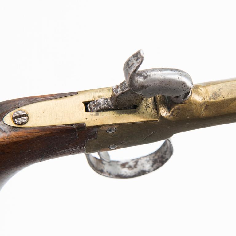 A mid 19th Century cased Belgian percussion pistol.