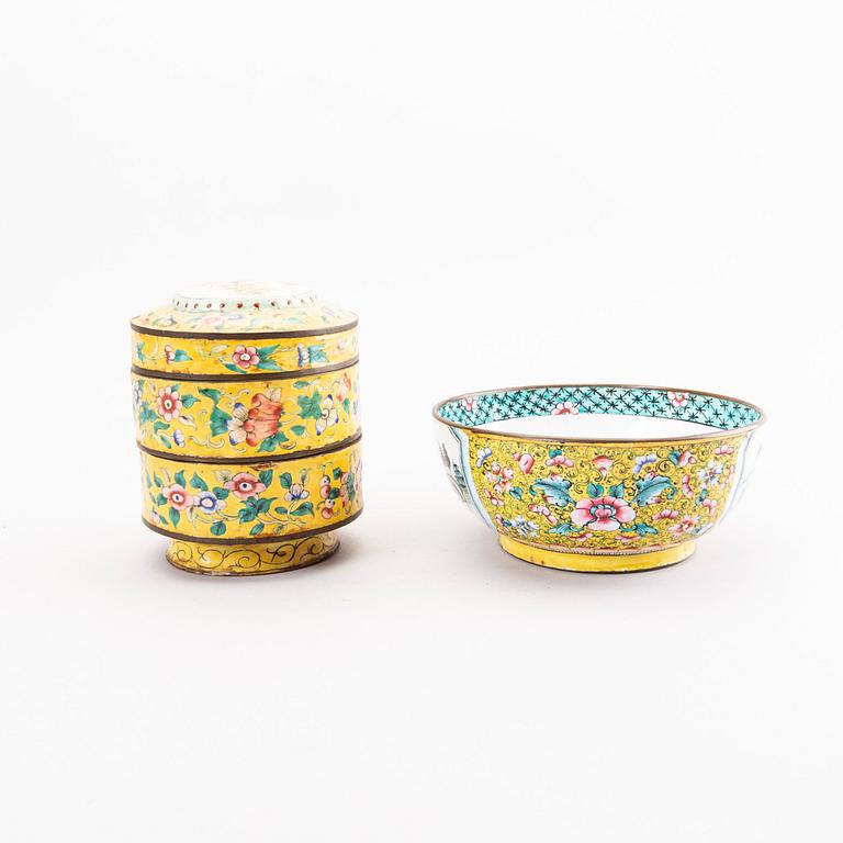 A Chinese 19th century cloisonné bowl and box with lid.