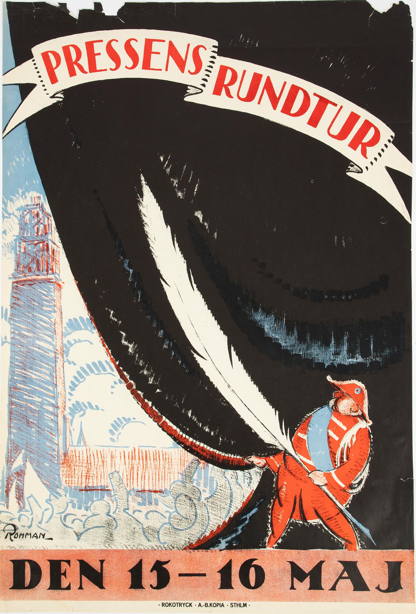 Eric Rohman, a lithographic poster, 'Pressens Rundtur', Rokotryck, A.-B. Kopia, Stockholm, 1920.