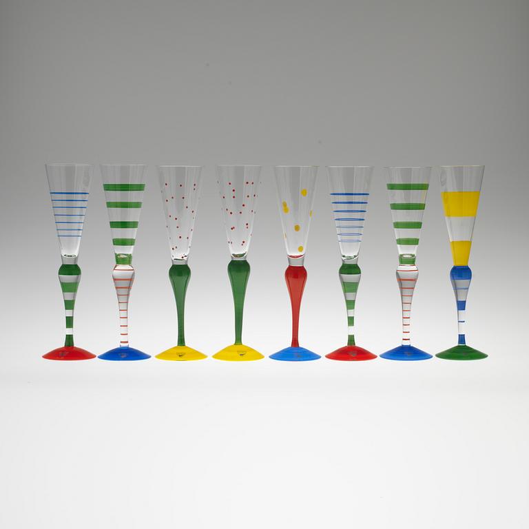 CHAMPAGNEGLAS, 8 st, "Clown", Anne Nilsson, Orrefors, signerade, 1900-talets slut.