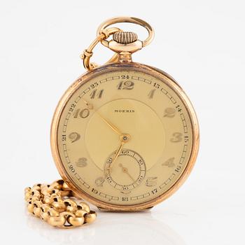 Moeris, pocket watch, 14K gold and chain in 18K gold.