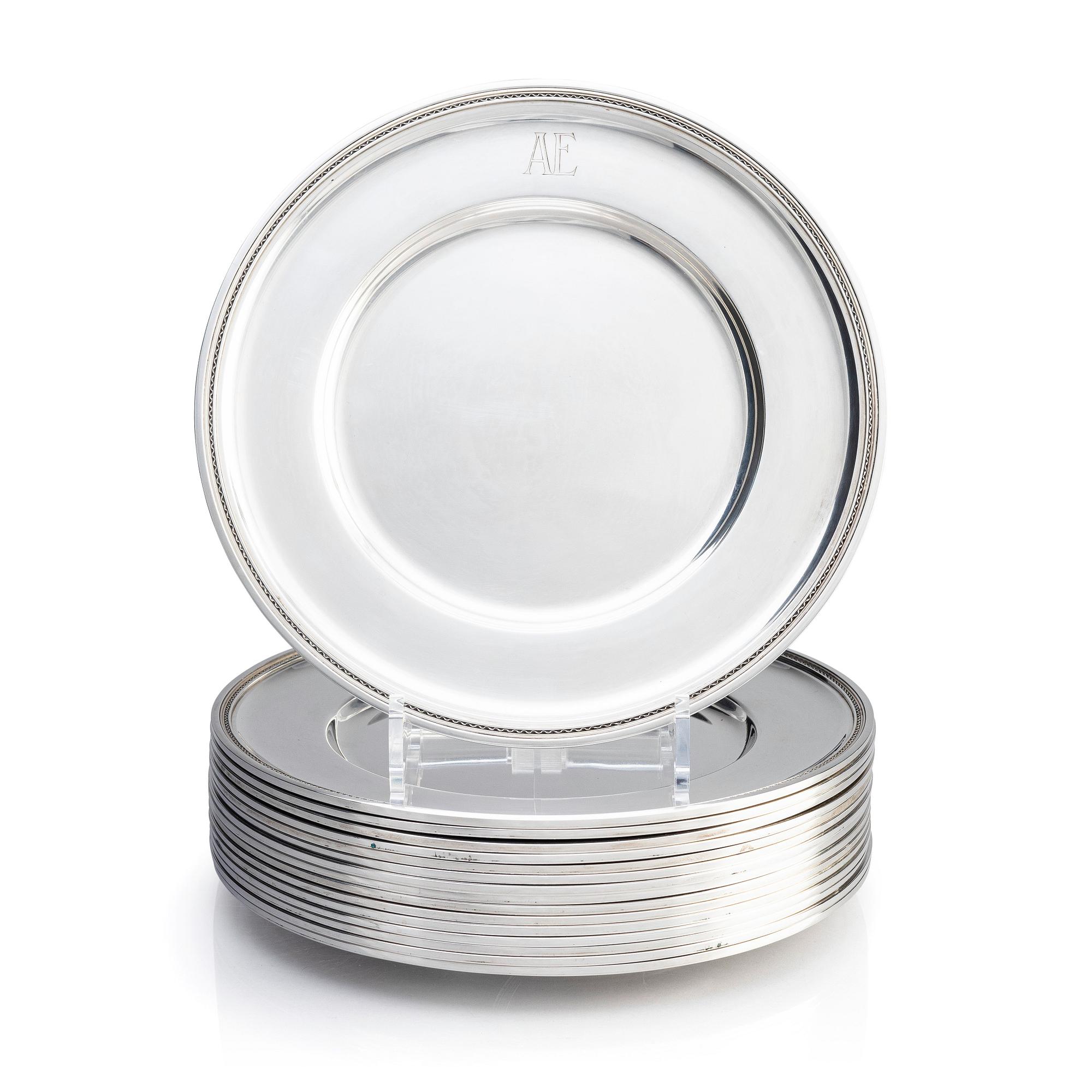 Atelier Borgila, a set of 18 sterling silver plates with monogram, Stockholm 1948.