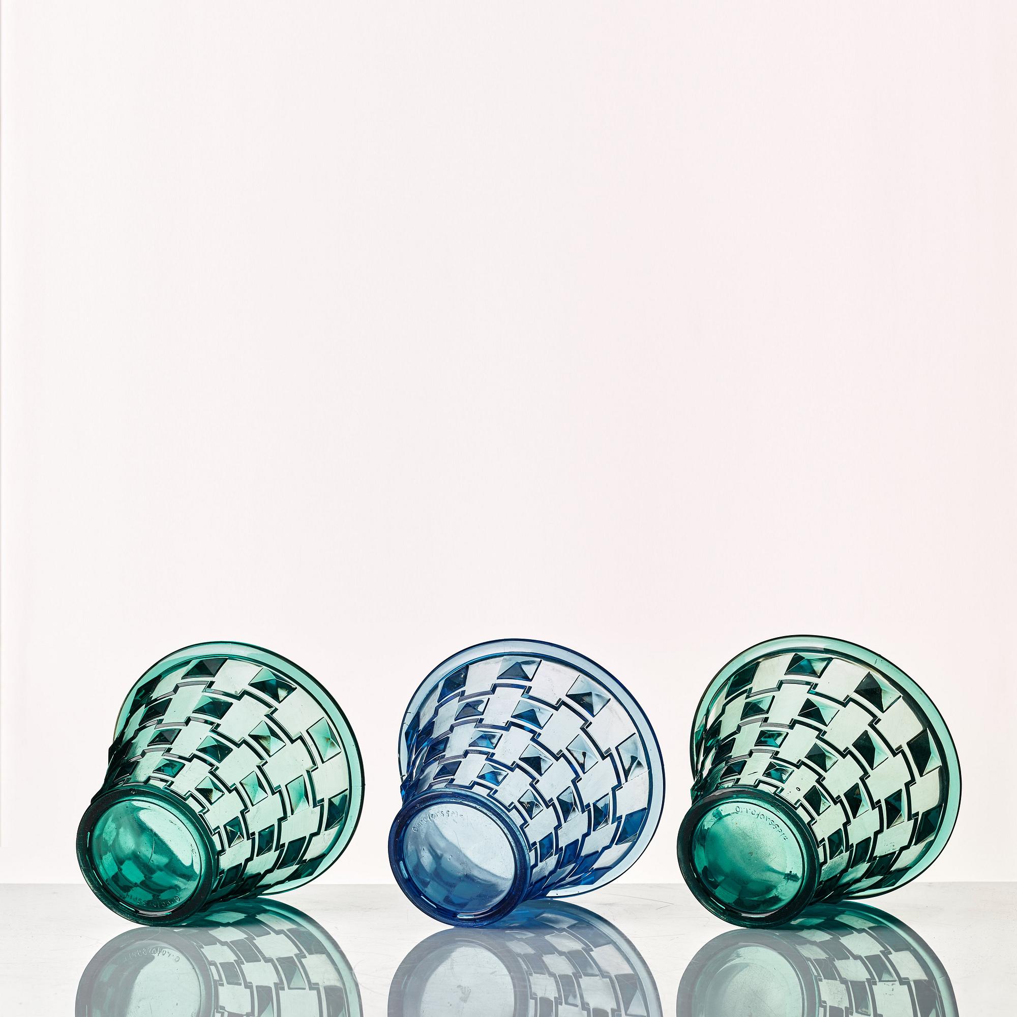 Simon Gate, a set of three pressed glass vases, Orrefors 1930.