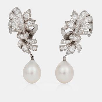 846. A pair of cultured pearl and diamond earrings.