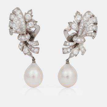 846. A pair of cultured pearl and diamond earrings.