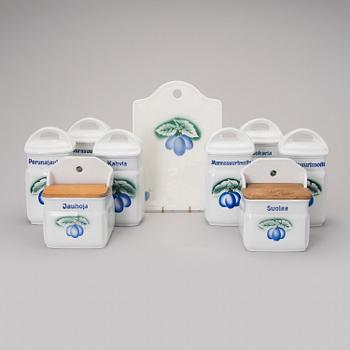 KRYDDBURKAR, 8 st, 1930-1940-tal och SKÄRBRÄDE, jubileumsår 1998, flintgods, Arabia Finland.