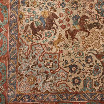 A RUG. A semi-antique silk figural souf (in relief), probably India. 208 x 128,5 cm (as well as two cm flat weave at.