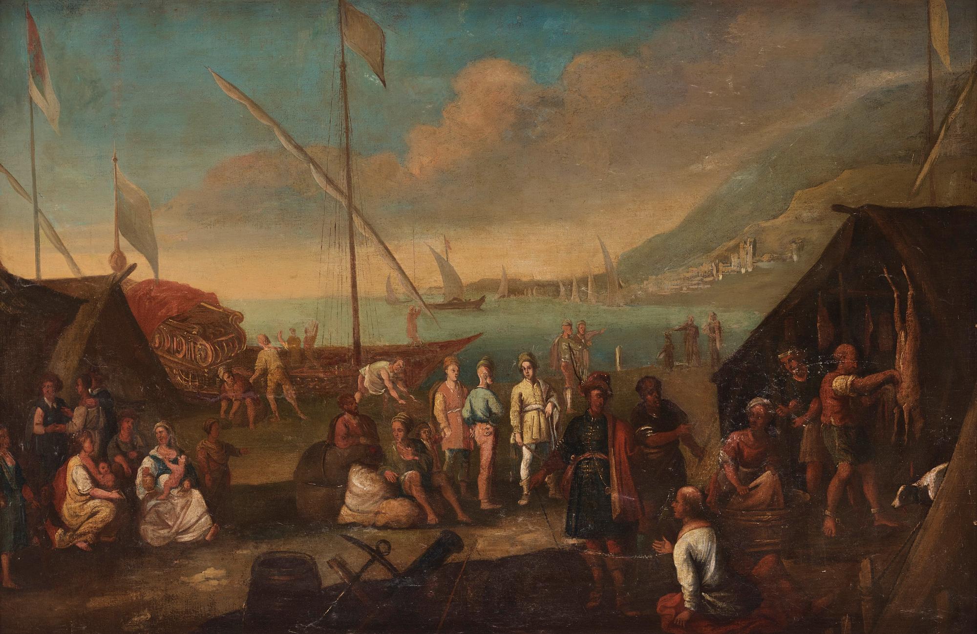 Hendrik van Minderhout, follower of, Harbor scene with oriental merchants.