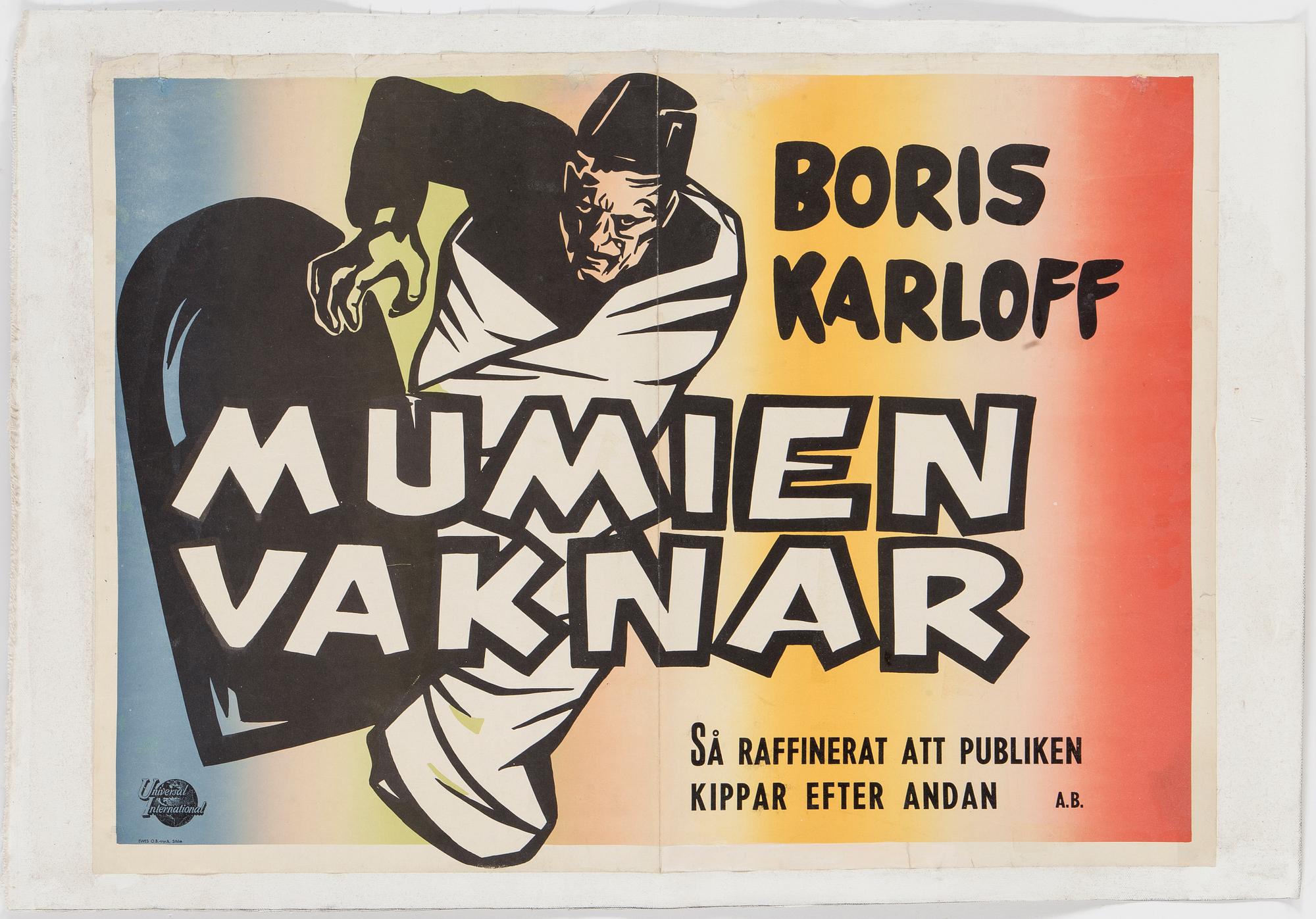 FILMAFFISCH, "Mumien vaknar", troligen från 1951/53. Universal International, Stockholm.