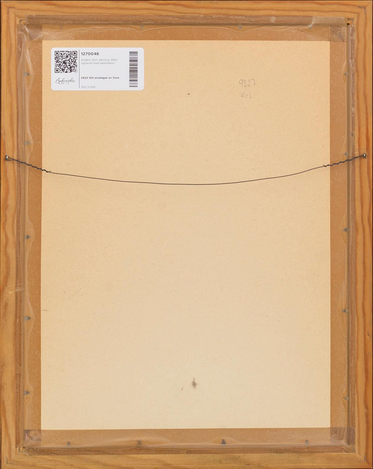 Anders Zorn, etsning, 1905, signerad med dedikation.