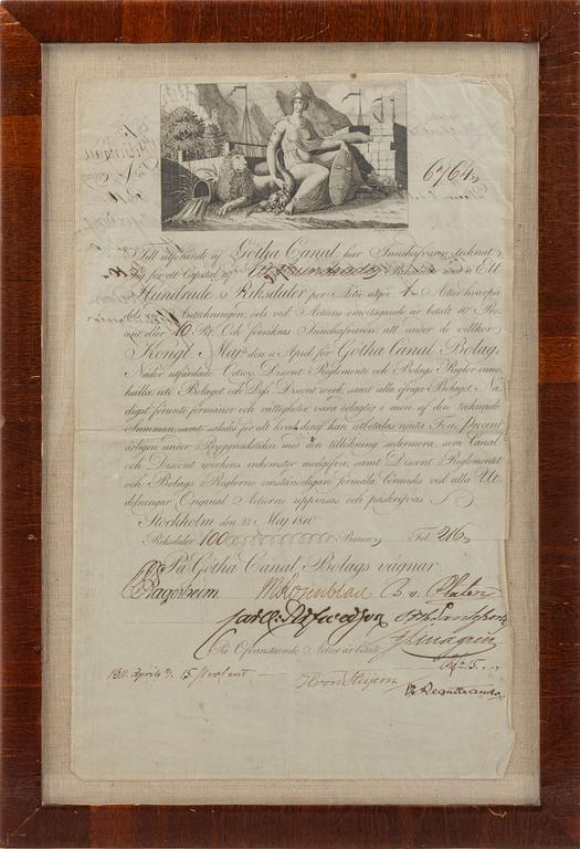 Stock certificate, Götha Canal Company, No. 6764, 1810/11.