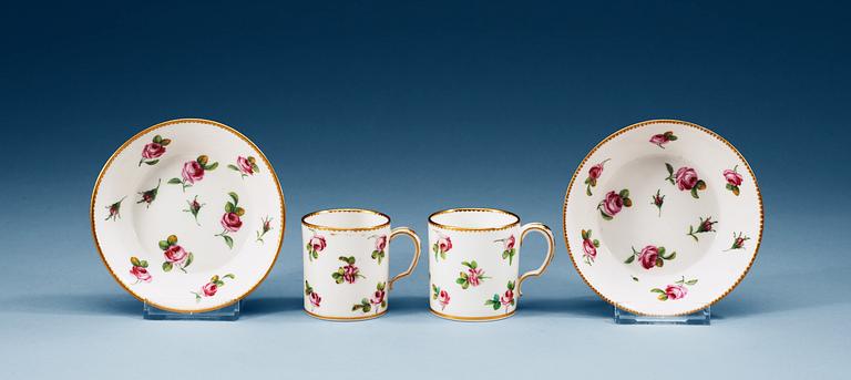 A pair of two French 'Sèvres' cups with saucers, marked with painter signature for Pierre Le Jeune, Jean Jacques.