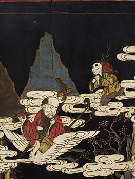 A Chinese four panel lacquer folding screen, first part of the 20th century.