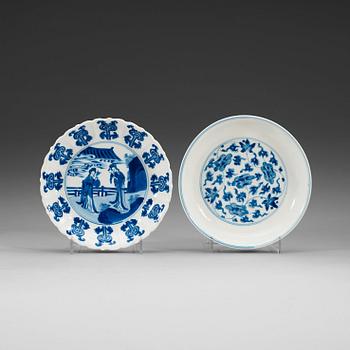 1705. Two blue and white dishes, Qing dynasty, Kangxi (1662-1722), with Chenghua six character mark.