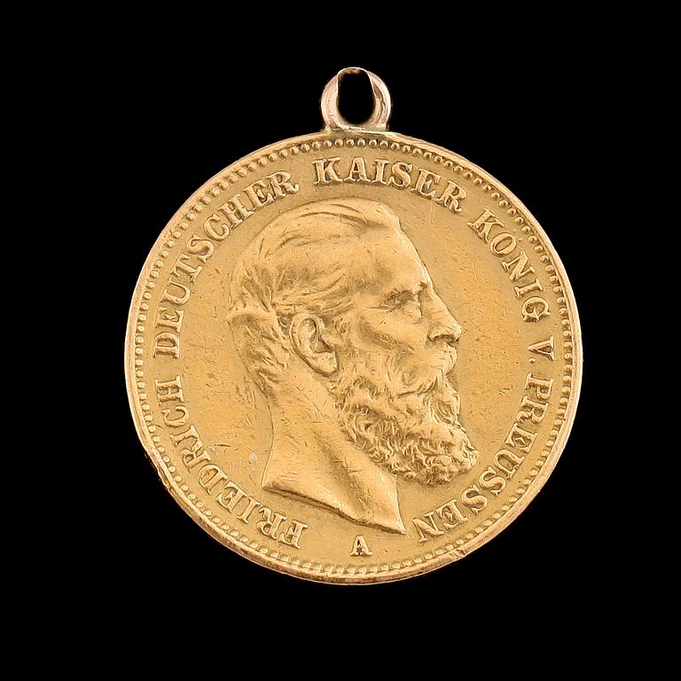 GULDMYNT, 20 mark, Kaiser Friedrich, Tyskland, 1888. Vikt ca 8 g.