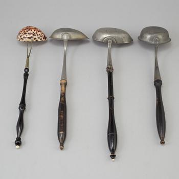 FOUR PEWTER AND SHELL SOUP LADLES, 18th/19th century.