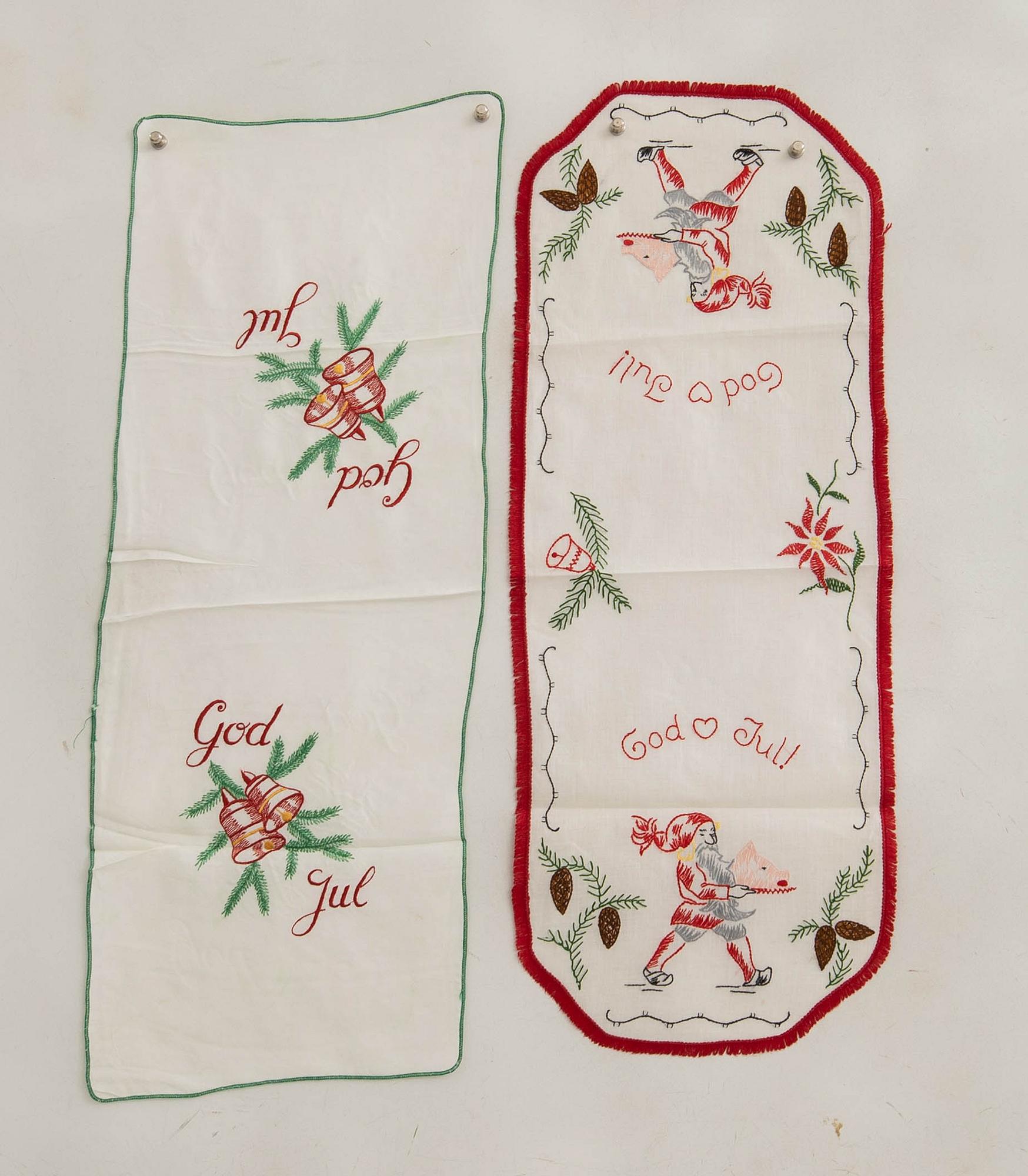 A collection of smaller Christmas tablecloths, runners, and wall hangings, approximately 34 pieces, mid/second half of the 20th century.
